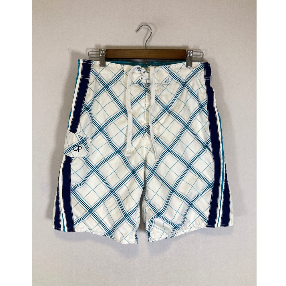 Y2K Surf Ocean Pacific OP‎ Mens M White Teal Plaid Striped Mesh Board Shorts